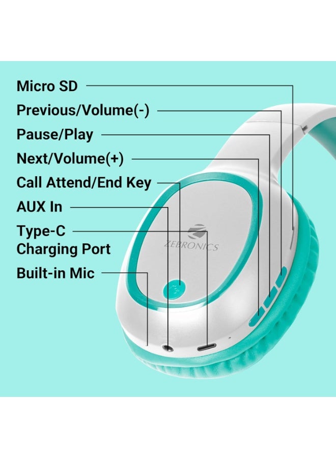 ZEBRONICS Thunder Bluetooth 5.3 Wireless Over Ear Headphones with 60H Backup, Gaming Mode, Dual Pairing, Enc, Aux, Micro Sd, Voice Assistant, Comfortable Earcups, Call Function (Sea Green) - Image 2